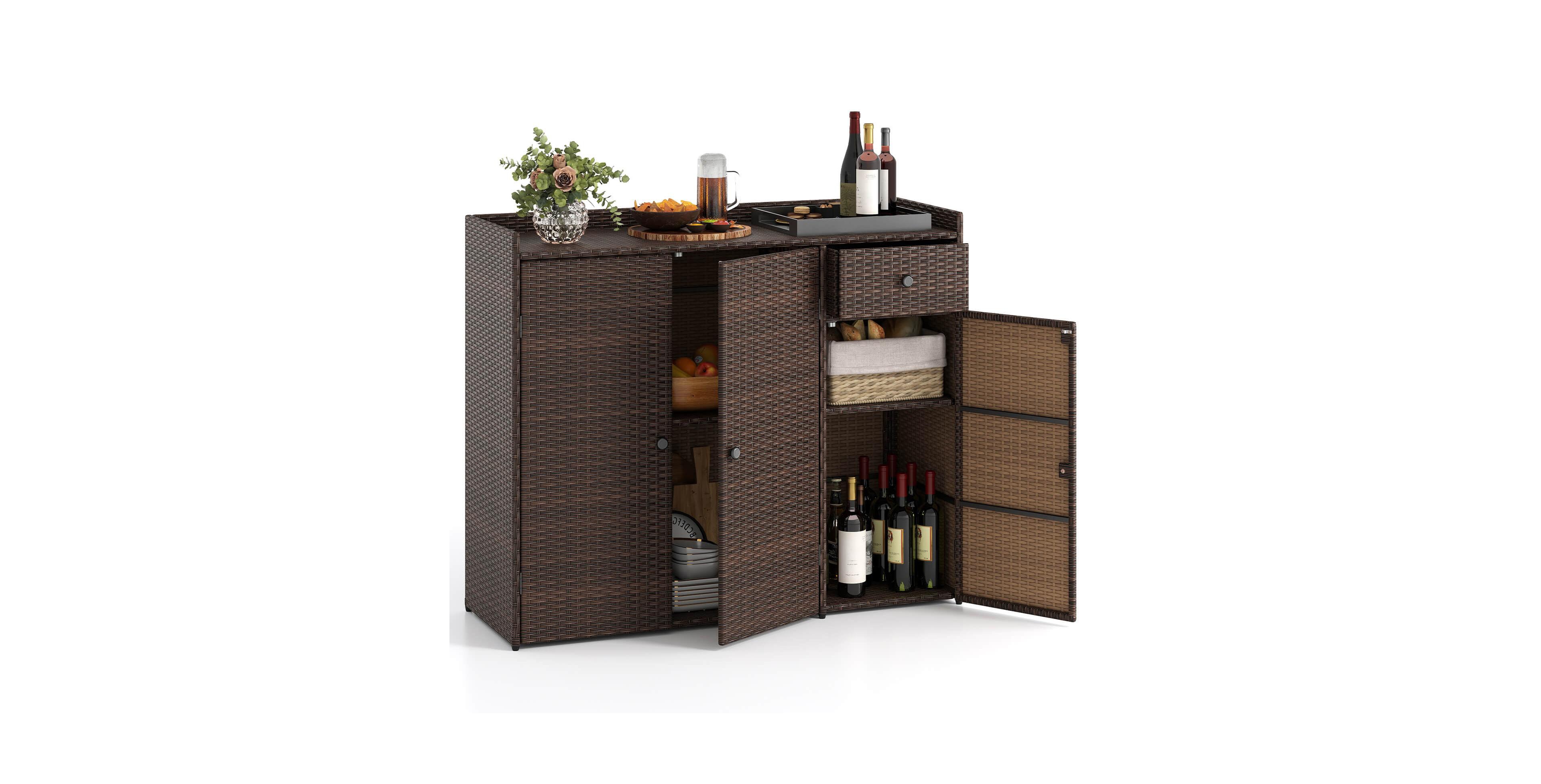 Costway Outdoor Pe Wicker Storage Cabinet with 3 Doors Adjustable Shelves and Drawer