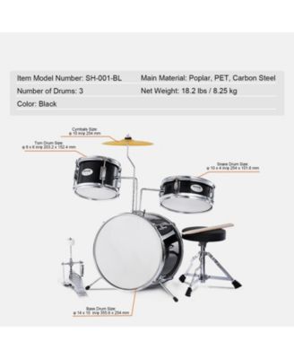 Kids Drum Set 3-Piece 14" Beginner Kit with Throne Pedal Sticks Black