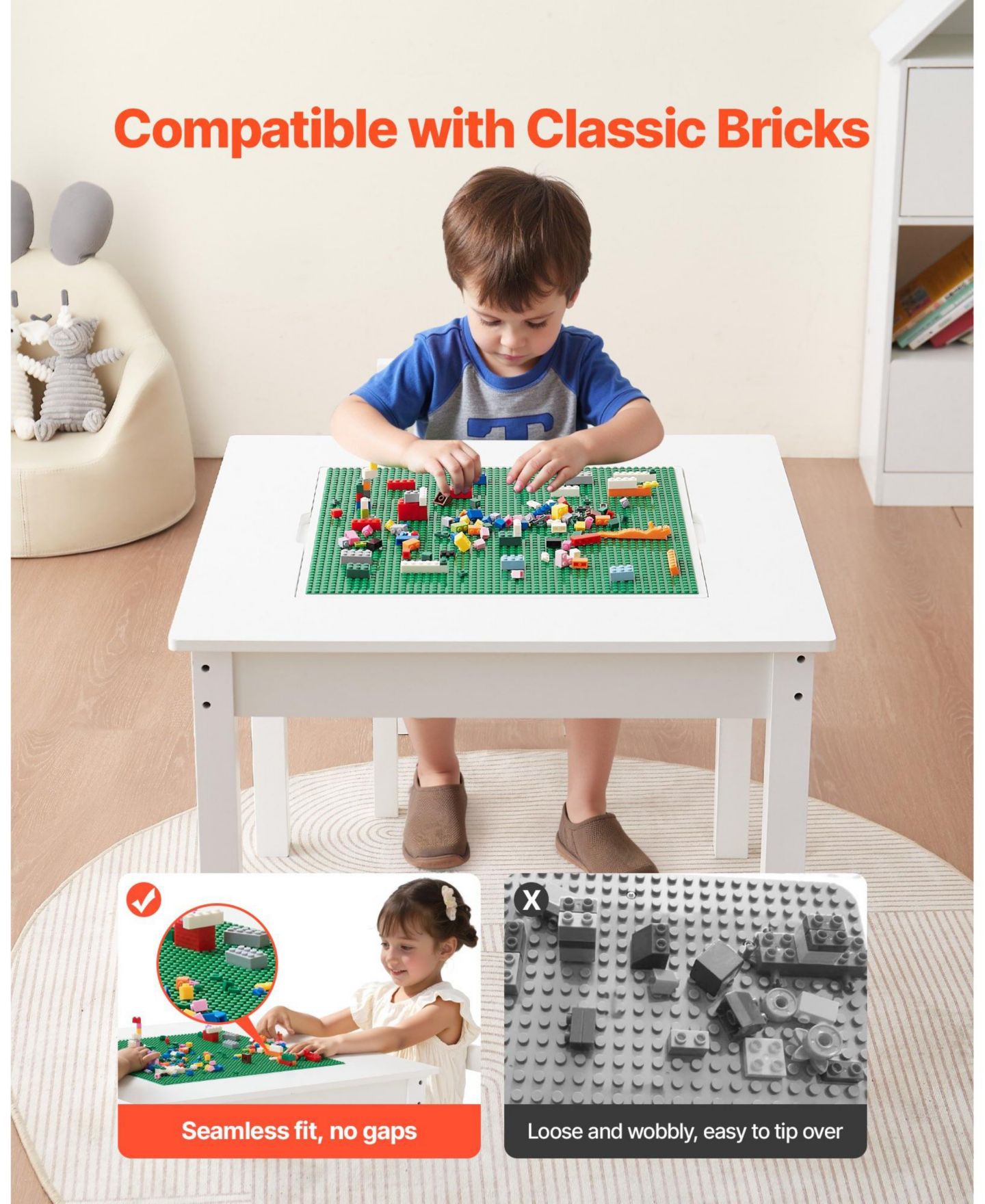 Детская игрушка HONGGE Kids Reversible Block-Compatible Activity Table With 2 Chairs, Ages 3+, цвет: Белый — фото 9