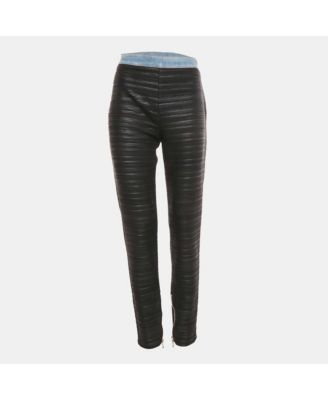 Black Denim Trim Stretch Crepe Pleated Pants