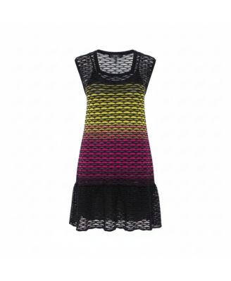 Multicolor Perforated Knit Ruffle Detail Shift Dress