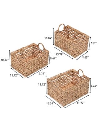 Quinn Bohemian Cottage Woven Hyacinth Rectangular Storage Baskets with Handles, Set of 3