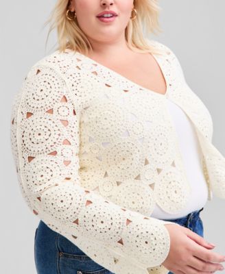 Trendy Plus Size Crochet Circle One-Button Cardigan