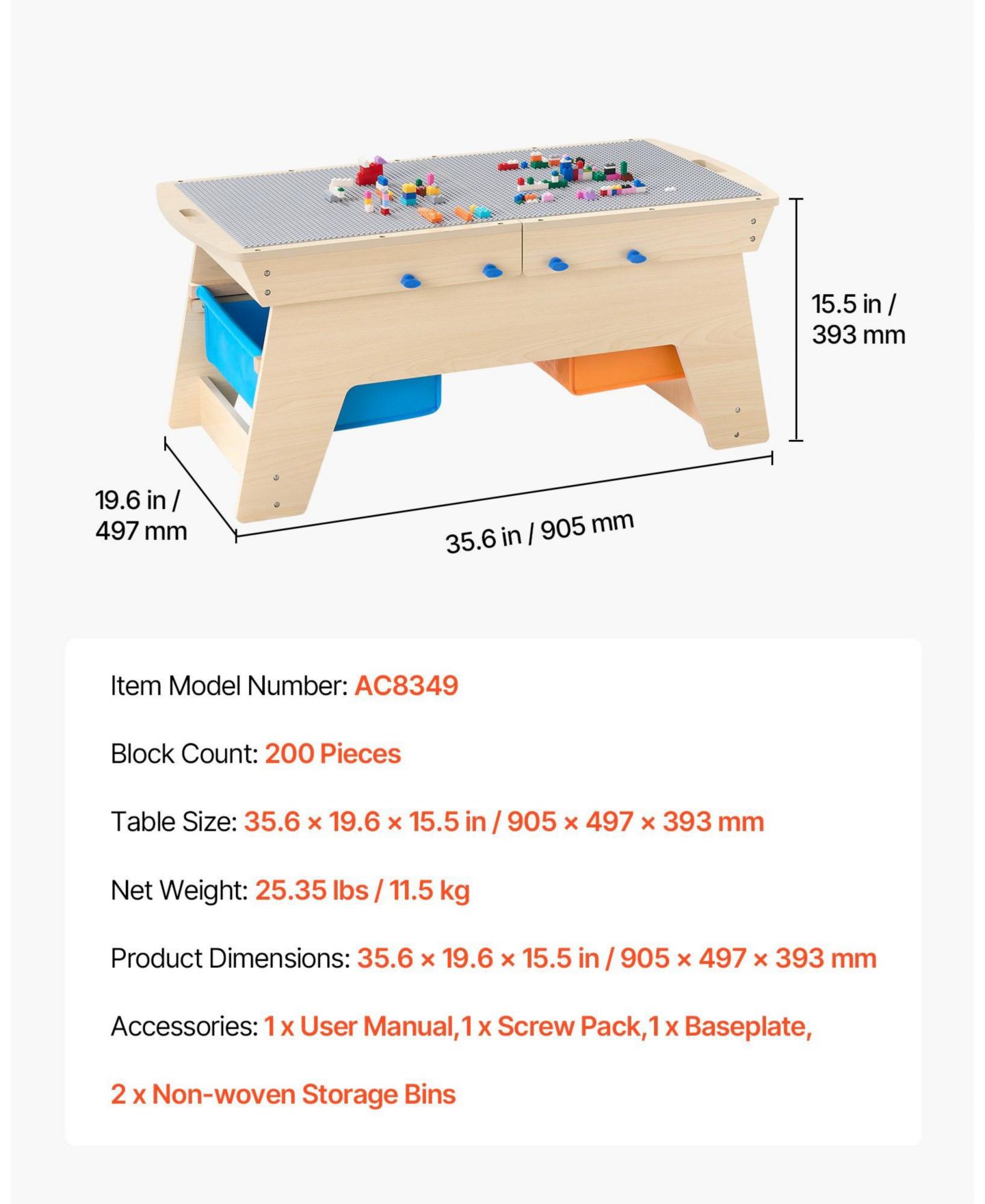Детские конструкторы SUGIFT Multi-Activity Wooden 200-Piece Activity Table with 3 Storage Bins, Ages 3+, цвет: Натуральный — фото 4