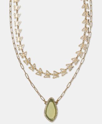 Gold-Tone Green Stone Butterfly Layered Necklace, 16" + 3" extender