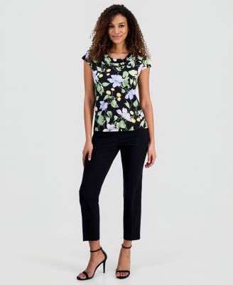 Women's Cowl-Neck Cap-Sleeve Floral Top