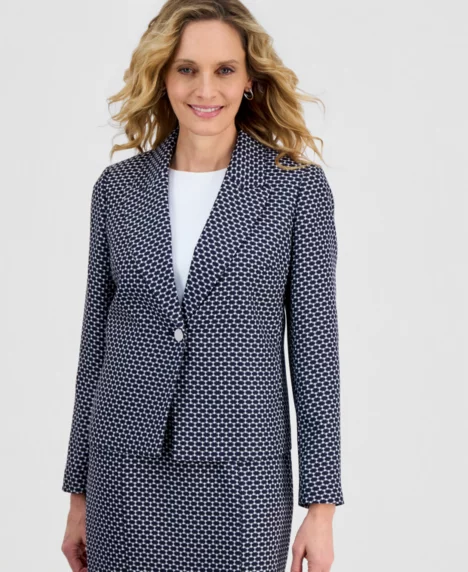 Women's Jacquard Peak-Lapel Blazer, Regular & Petite - Kasper Navy/White