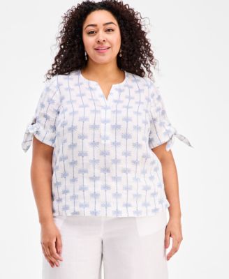 Plus Size Woven Linen King Street Palm Tie-Sleeve Top