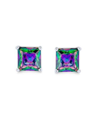 Classic Set of 2 Round & Square Mystic Rainbow Cubic Zirconia CZ Stud Earrings Silver Screwback Posts 7MM