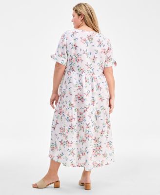 Plus Size Linen Tie-Sleeve Tiered Dress