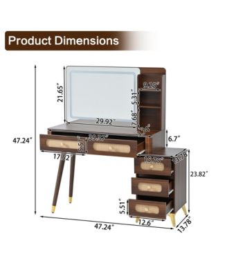 47" Vintage Makeup Vanity with Mirror and Lights, Makeup Vanity Desk with 5 Drawers and Storage Shelf, Rattan Drawer Design