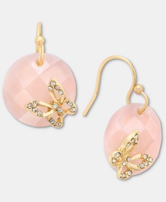 Gold-Tone Butterfly Pav&eacute; Pink Stone Bead Drop Earrings