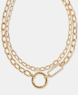 Gold-Tone Pav&eacute; & Polished Circle & Rectangle Layered Chain Link Necklace, 16" + 3" extender