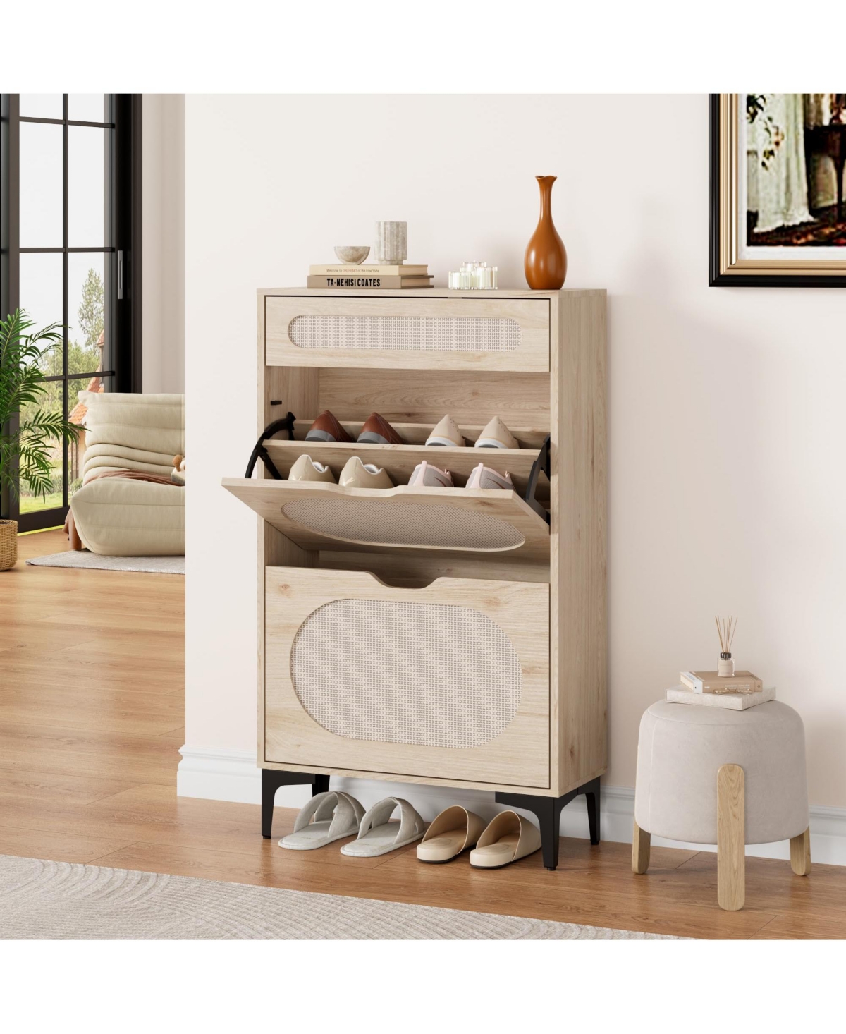 Gaomon Shoe Cabinet, Rattan Shoe Storage With 2 Flip Drawer and 1 Pull-Out Drawer, Heavy Duty Metal Leg