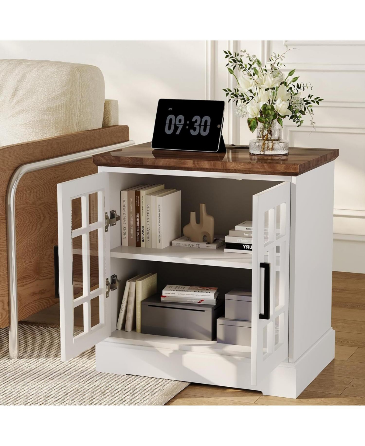 gaomon Farmhouse Nightstand with Charging Station, 24-Inch End Table with Tempered Glass Doors & Adjustable Shelf, Rustic Wood Sofa Side Table