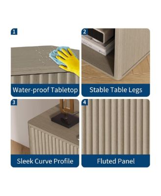 Fluted Night Stand with Charging Station & LED Lights,Modern Nightstand Set 2,Mid Century Night Stand with Drawers, Grey Oak