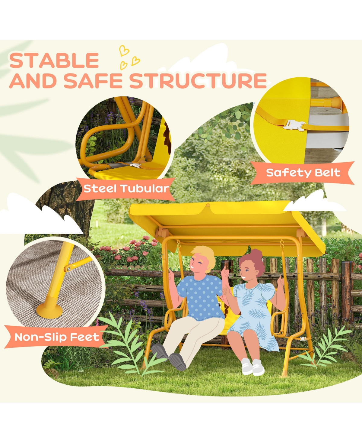 Qaba Kids Patio Swing, 2-Seater Outdoor Porch Swing Chair,