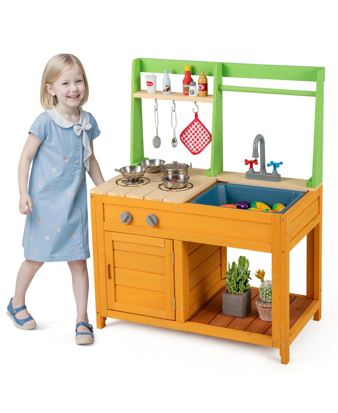 Детский игровой набор HONGGE Outdoor Wooden Mud Kitchen Playset With Sink and Stove, Ages 3+, цвет: Натуральный — фото 10