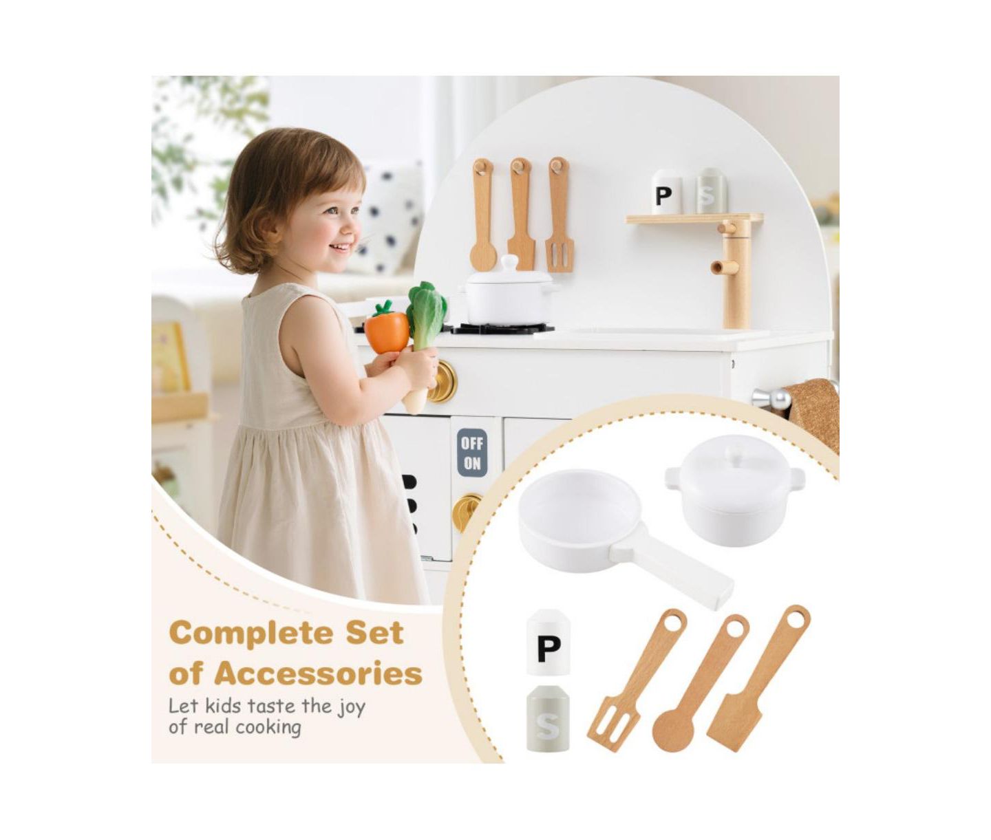 Детская игрушка HONGGE Wooden Play Kitchen with Stove, Sink, Microwave, and Oven, Ages 3+, цвет: Белый — фото 4