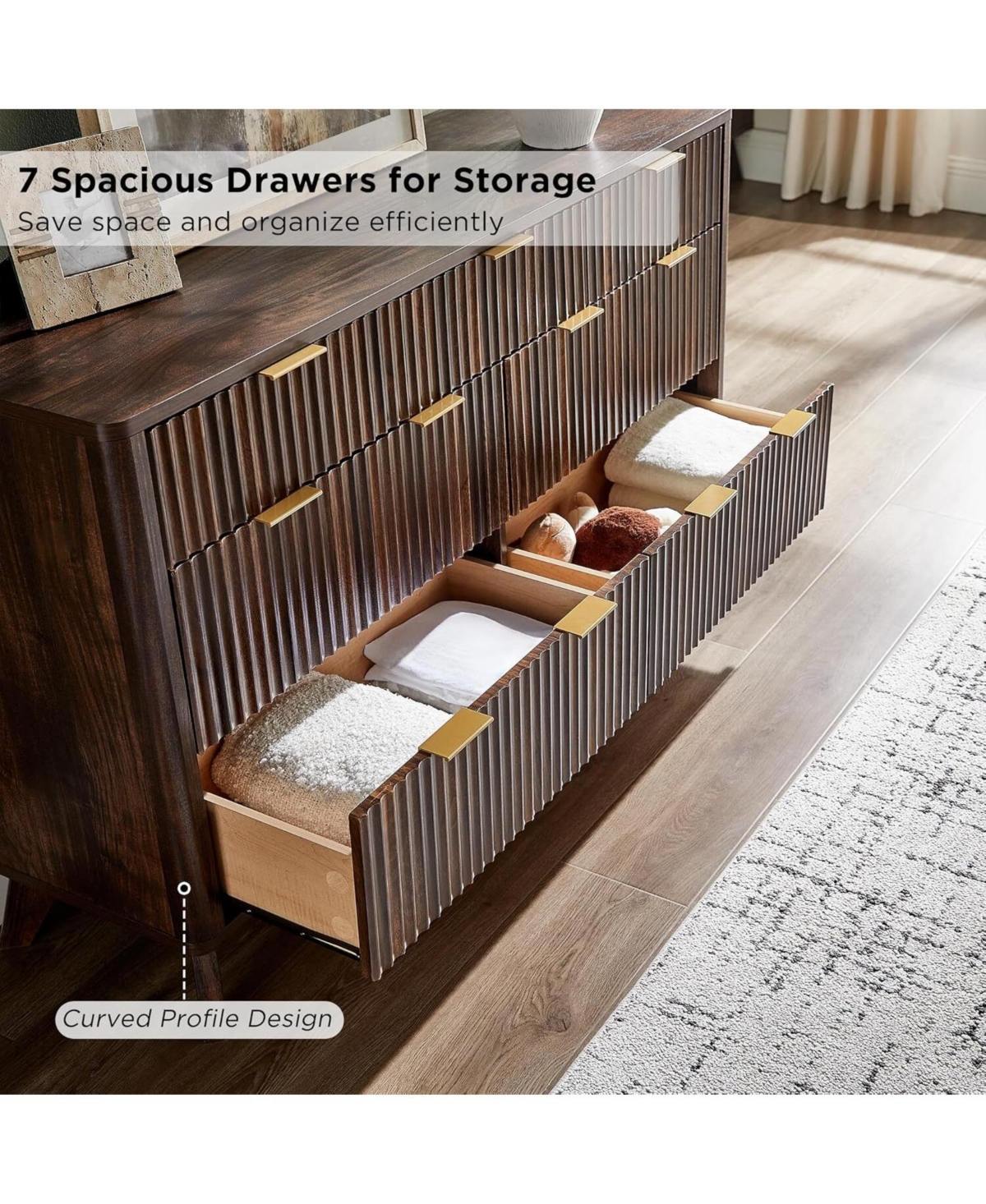 gaomon 54" Wide Modern Fluted 7-Drawer Wood Dresser with Faux Marble Top, Tv Stand and Drawer Organizer