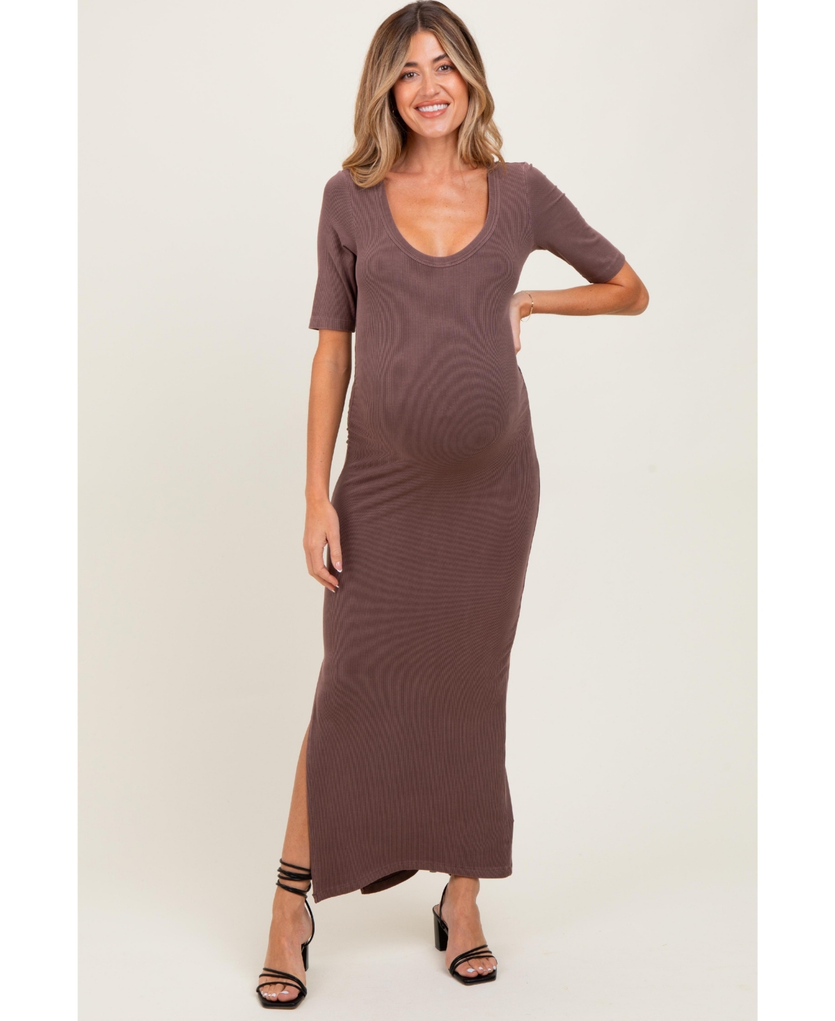 Pinkblush Maternity Brown Ruched Short Sleeve Side Slit Midi Dress