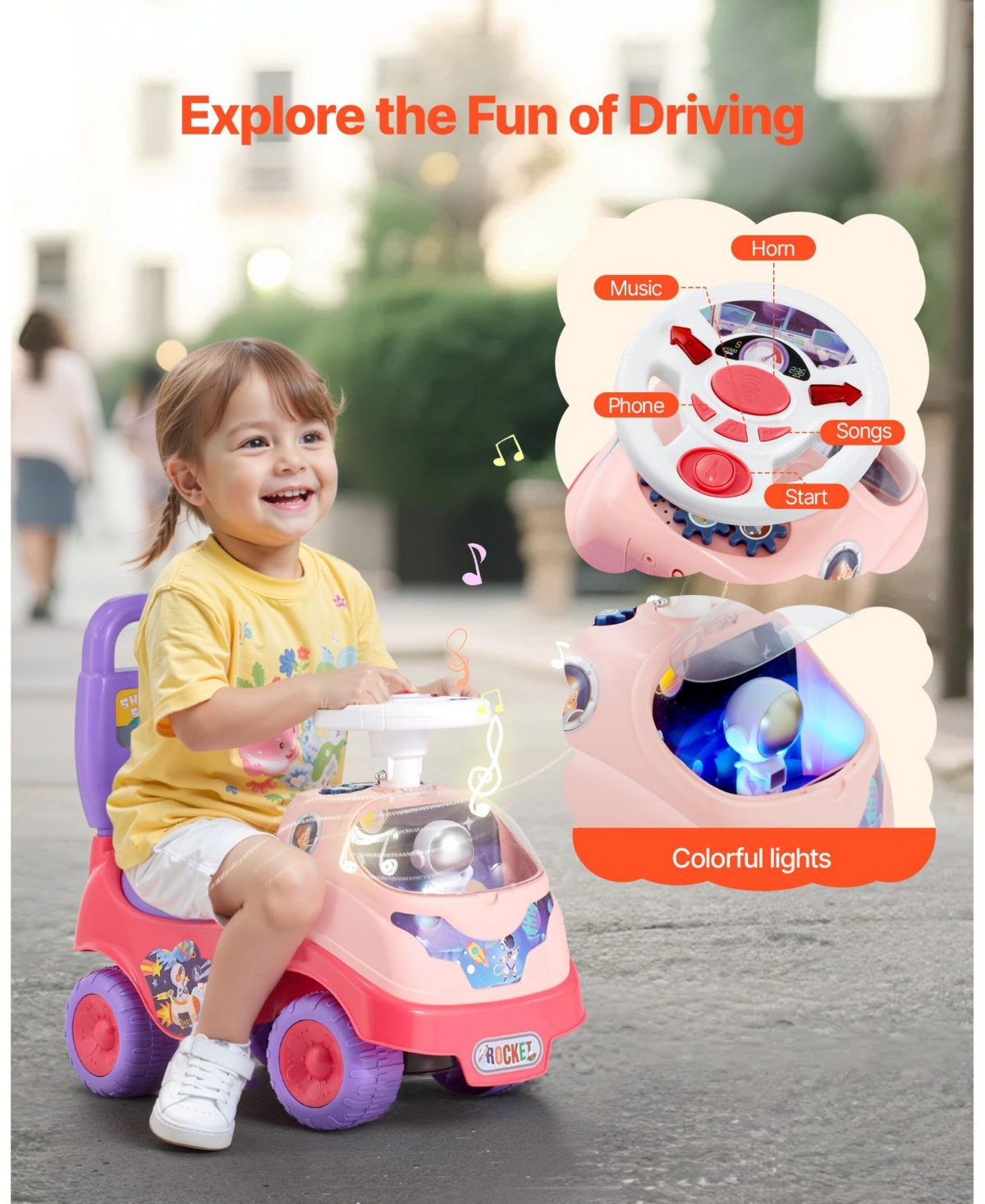 Mecale Ride On Toddler Push Car, Kids Ride-On Toy with Horn, Music & Storage, 48.5 lbs Load, Foot-to-Floor Walker for Boys Girls 19–36M, Pink