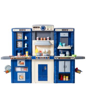 Kids Kitchen Playset, 3-in-1 Kitchen with Spray, Lights & Sounds, 74 PCS Cooking Accessories, Pretend Play Set for Kids 3–8, Blue