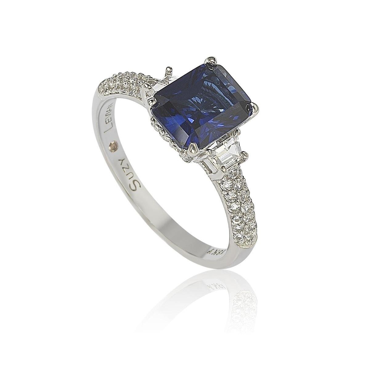 Suzy Levian Sterling Silver Sapphire & Created White Sapphire Emerald Cut Proposal Ring (8 mm