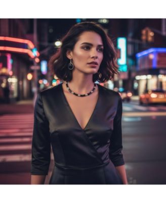 Black Onyx Strand Contoured Tube Bar Link Collar Necklace and Bezel Set Oval Cabochon Drop Earrings Jewelry Set Sterling Silver