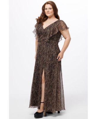 Women's Short Sleeve V-Neck Animal Print Dress with Slit