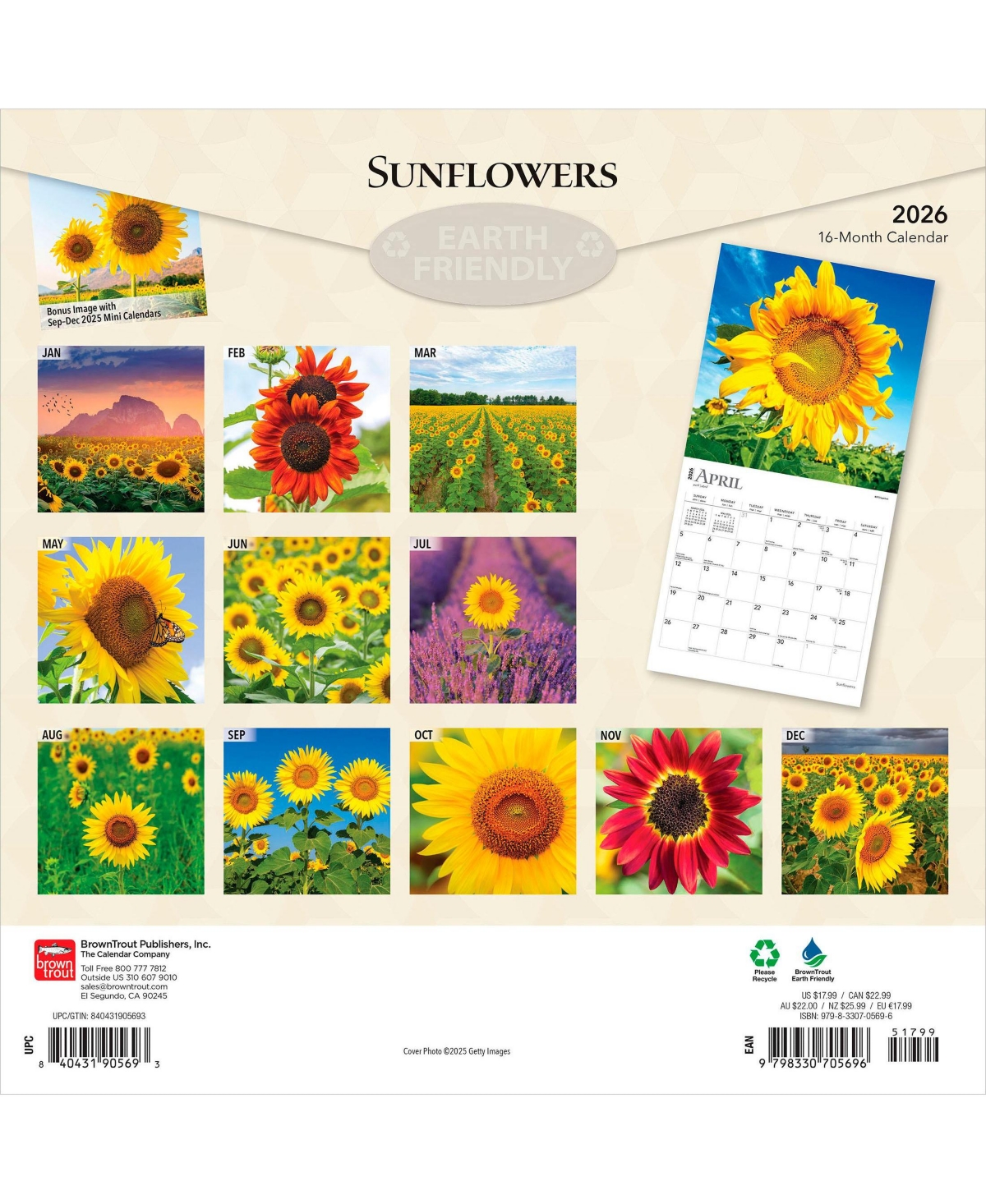 BrownTrout Sunflowers | 2026 12 x 24 Inch (Hanging) Monthly Square Wall Calendar | Plastic-Free