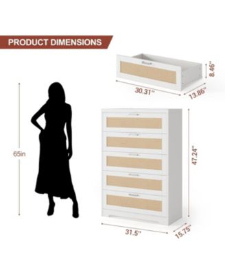 Tall Rattan Dresser with 5 Drawers,Wooden Spacious Storage Chest of Drawers