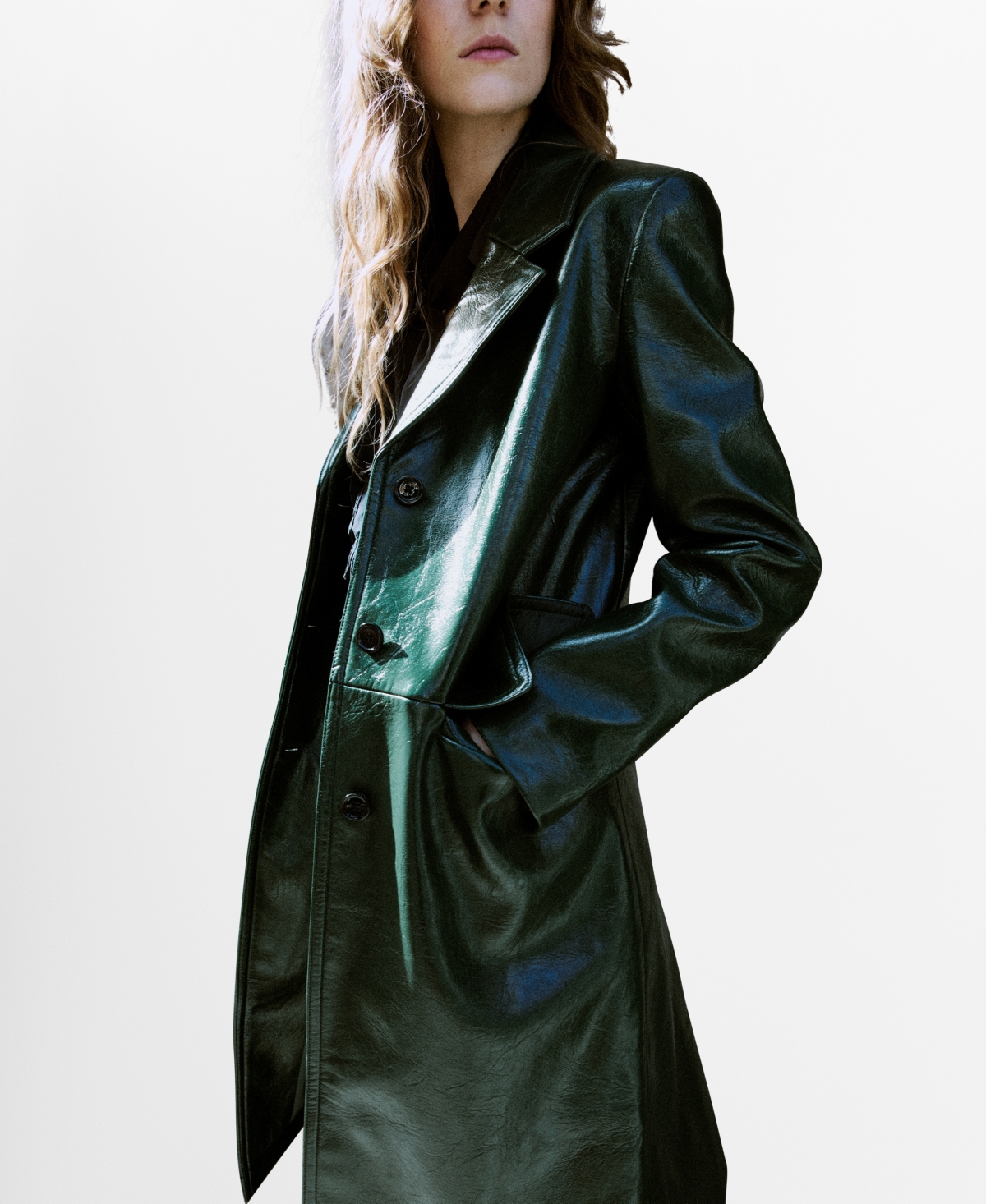 Mango Women's Long Faux-leather Coat In Green