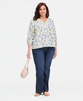 Plus Size Cotton Floral 3/4-Sleeve Top