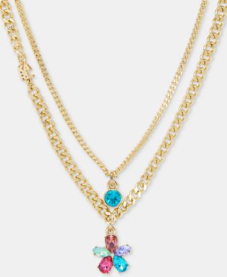 Multicolor Crystal Flower Layered Pendant Necklace, 16" + 3" extender 