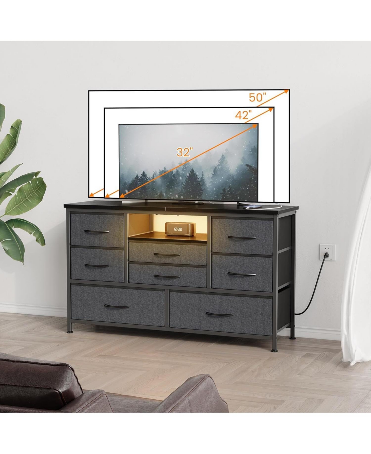 gaomon Modern 8-Drawer Dresser Tv Stand with Rgb Led Lighting, Power Outlet & Usb Ports – Fits 55" TVs, Versatile Storage