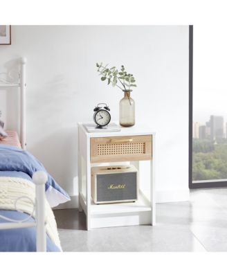 Modern Rattan End Table with Drawer Nightstand Side Table