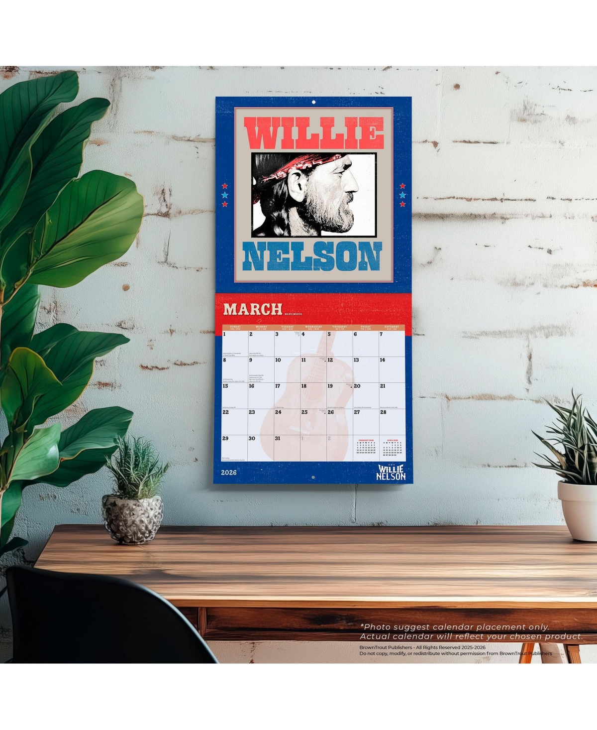 BrownTrout Willie Nelson Official 2026 12 x 24 Inch (Hanging) Monthly Square Wall Calendar Plastic-Free