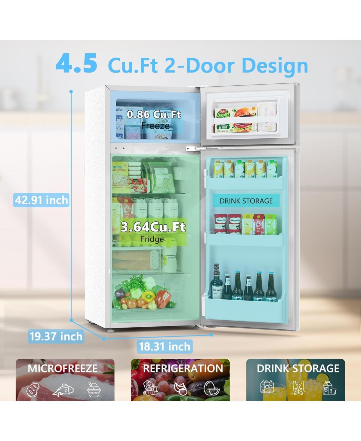 Cowsar Compact Refrigerator,4.5 Cu.Ft. Mini Separate Freezer Double 2-Door Adjustable Removable Shelves for Apartment/Dorm/Office,White
