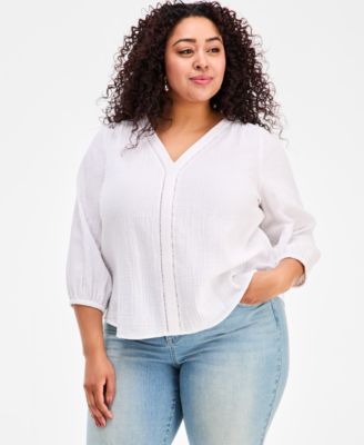 Plus Size Cotton Gauze V-Neck Top