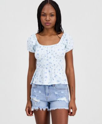 Juniors' Printed Puff-Sleeve Peplum Peasant Top