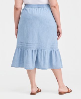 Plus Size Cotton Chambray Pintucked Pull-On Skirt, Macy's Exclusive