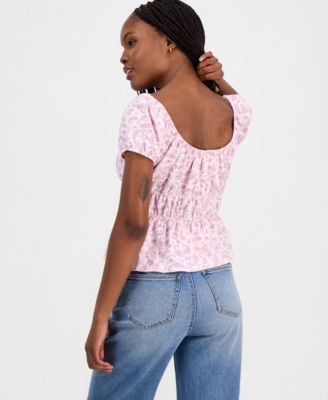 Juniors' Printed Puff-Sleeve Peplum Peasant Top