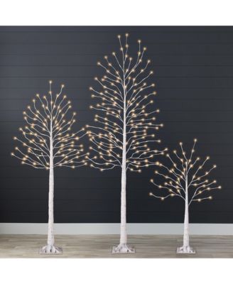 Set of 3 Lighted Twig Birch Trees, 4ft, 6ft, 8ft w/ 300 LEDs, Warm White, Multicolor Lights