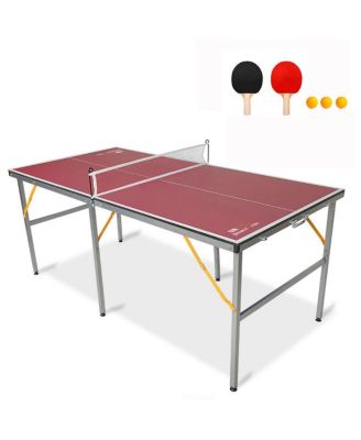 6FT Foldable Red MDF Ping Pong Table, Portable Table Tennis Table for Indoor Outdoor, Ping Pong Table Set with Net Paddles Balls