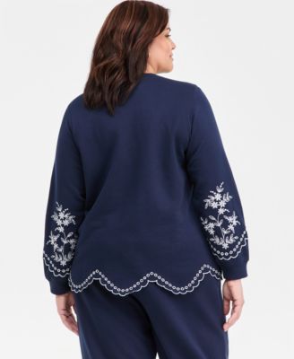 Style & Co Plus Size Long-Sleeve Scalloped Eyelet Crewneck Sweatshirt