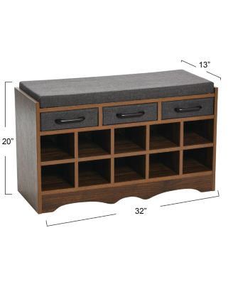 Entryway Storage Bench with Drawers, Shoe Compartments and Cushioned Seat in Mid Century Walnut Wood Grain