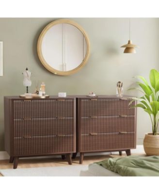 32" Width Modern Nightstands, Fluted Nightstand with Faux Marble Top, 3 Drawer Bedside Table, Large Nightstand for Bedroom