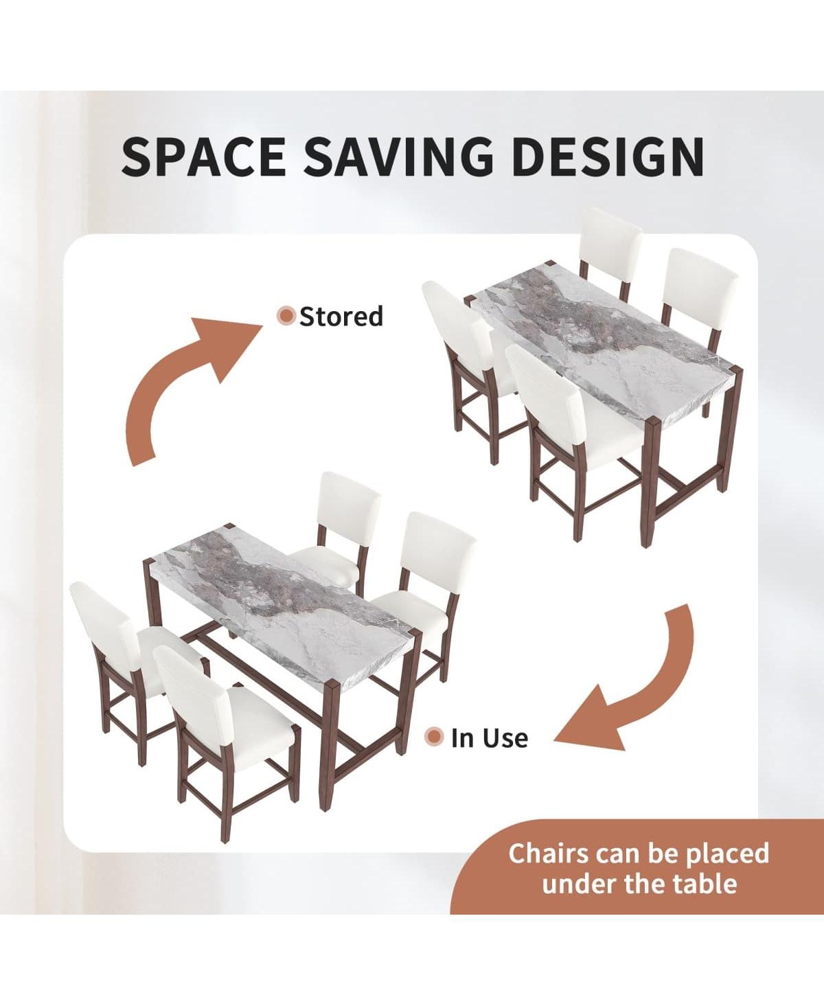5-Piece Counter Height Dining Set, Faux Marble Table and 4 Upholstered Chairs for Small Spaces or Dining Room-Maison Boucle