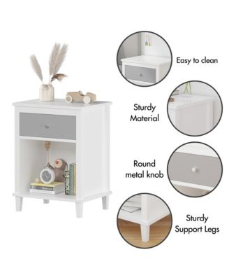 Wooden Nightstand with Drawer and Open Shelf with Silver Handle for Kids & Adults